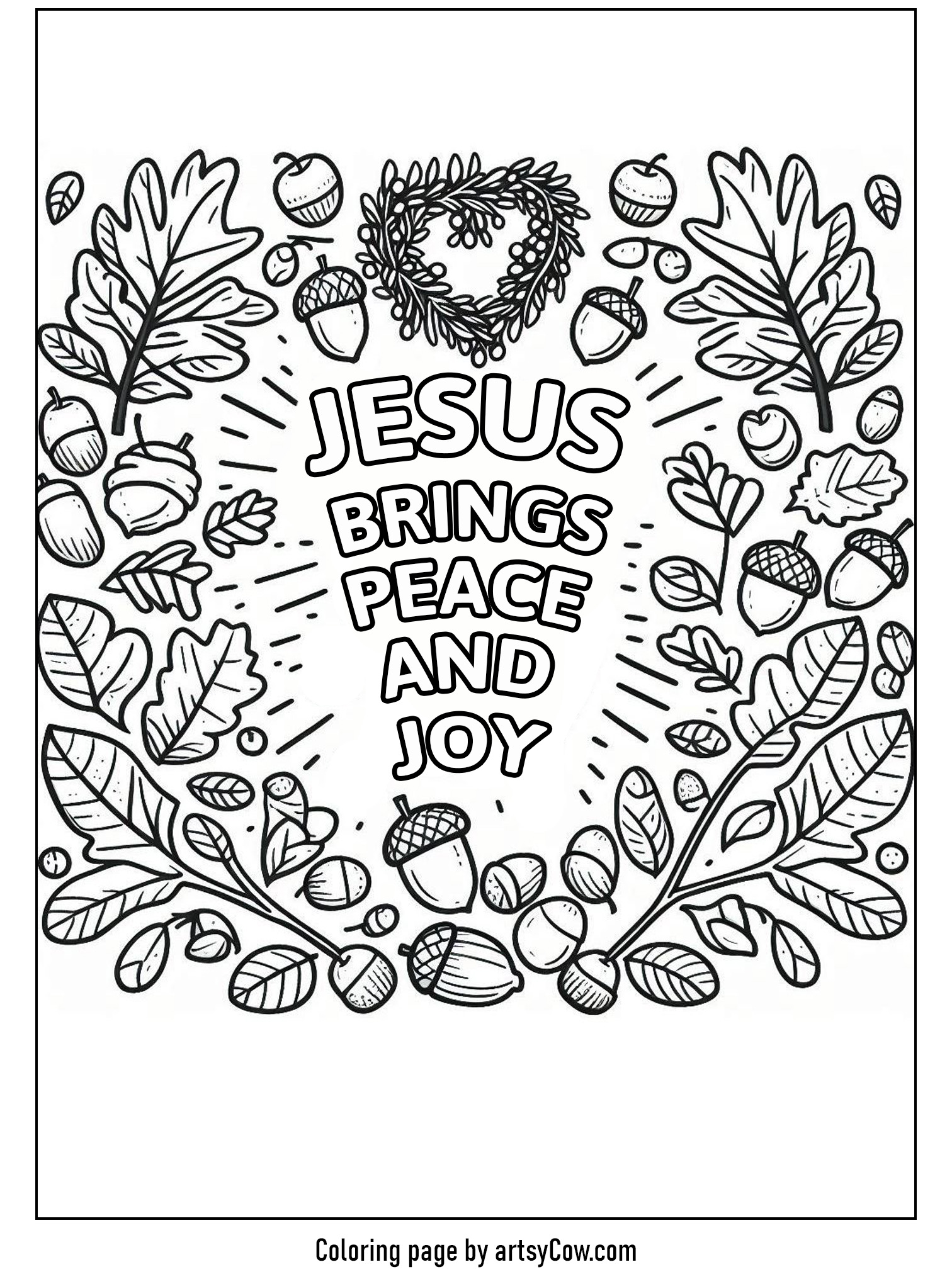 thanksgiving jesus coloring pages featuring a message surrounded by autumn leaves and acorns, emphasizing peace and joy